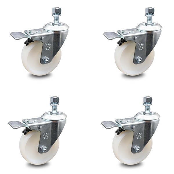 4 Inch Nylon Swivel 3/8 Inch Threaded Stem Caster Set with Total Lock Brake SCC